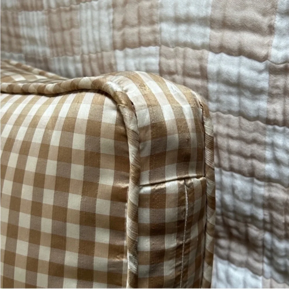 Gingham Beige + White Quilt Throw Size New Prewashed Hand Crafted Medium Check